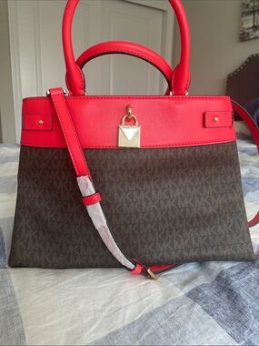 Michael Kors Brown Logo Satchel with Red Trim and Handles